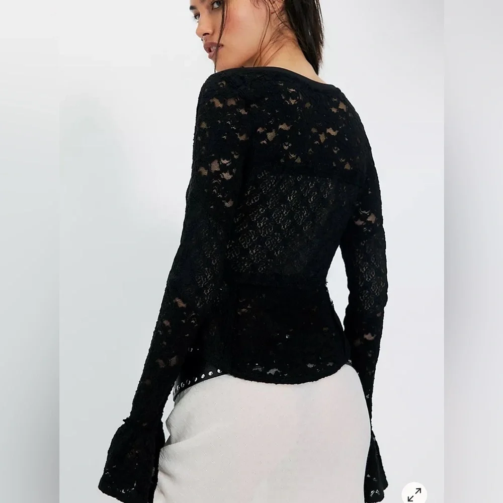 NWT Free People Sheer Lace Flared Long Sleeve Top Elegant Black Lace Women's Top